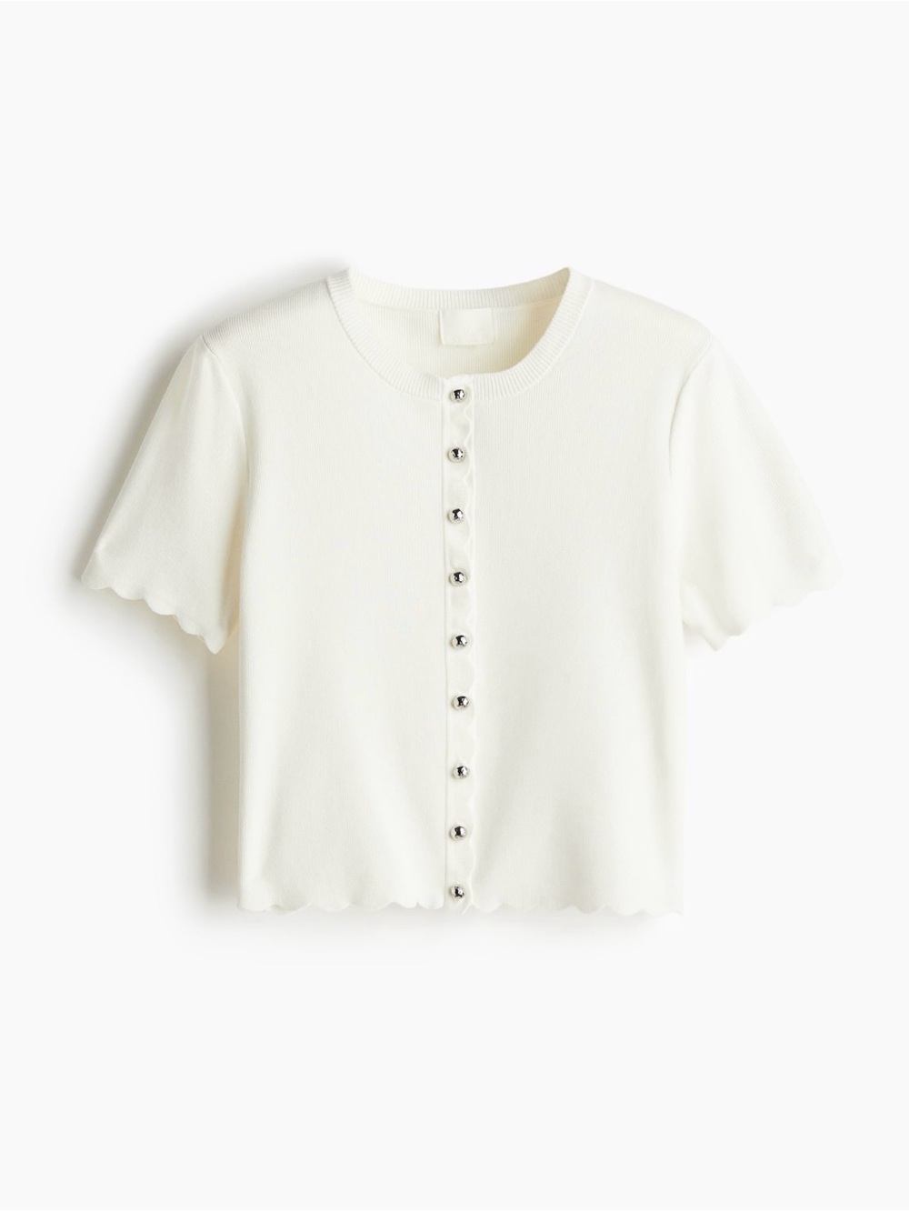 H&M Classic Scallop-Trim White Short Sleeve Cardigan - size S